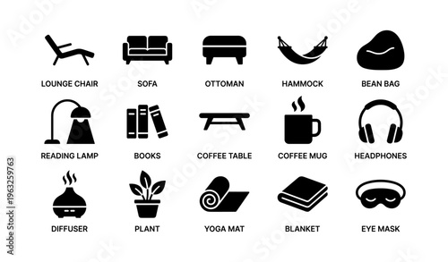 Silhouette icons of relaxation furniture and accessories