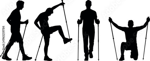 Silhouette set of man using trekking poles, hiking and Nordic walking poses, outdoor fitness activity and adventure isolated on white