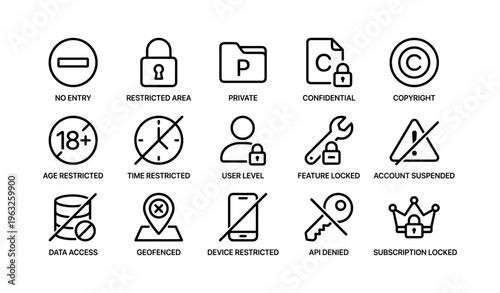 Security and access control icons set depicting privacy and restrictions