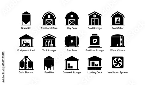 Farm building icons: grain silo, traditional barn, hay barn, cold storage, root cellar