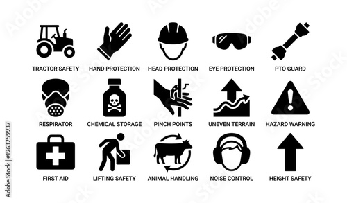 Safety equipment icons: tractor, hand, head, eye protection, hazard warnings