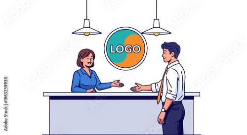 Friendly Receptionist Greeting Client in Minimalist Lobby