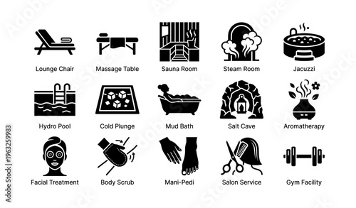 Spa and wellness icons set: sauna, jacuzzi, aromatherapy, facial, gym