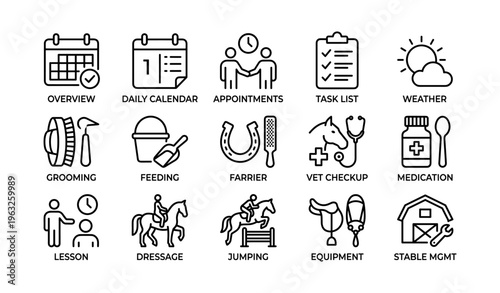 Horse stable management icons: calendar, grooming, feeding, jumping, equipment