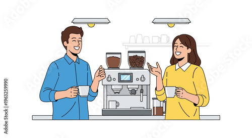 Happy Colleagues Laughing by Coffee Machine