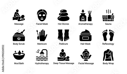 Spa and wellness icons featuring massage, aromatherapy, reflexology, and beauty treatments