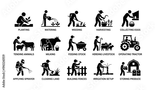 Silhouettes of farming activities: planting, watering, harvesting, milking, tractor operation