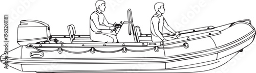 Inflatable boat, motorboat, vector illustration, two people, sailing vessel