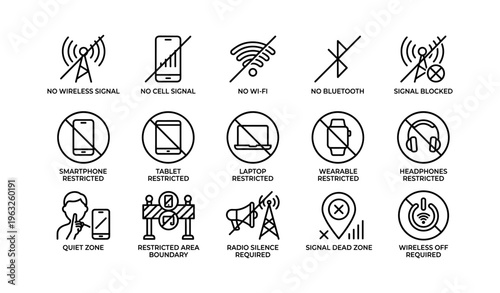 Digital connectivity restriction icons: wireless, bluetooth, signal blocked, quiet zone, dead zone