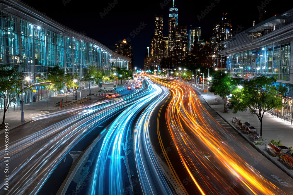 Obraz premium City Street Light Trails at Night with Skyscrapers
