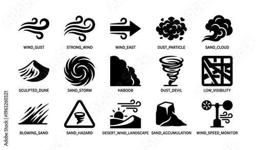 Wind icons collection: gusts, storms, dunes, dust, visibility - weather symbols set
