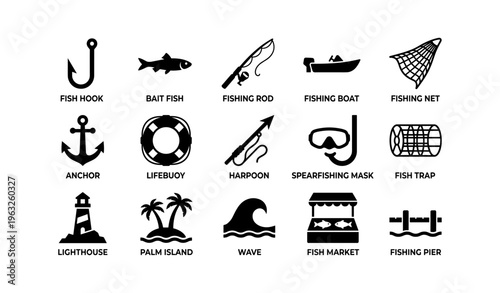 Fishing equipment and aquatic icons set including fish hook, boat, and palm island