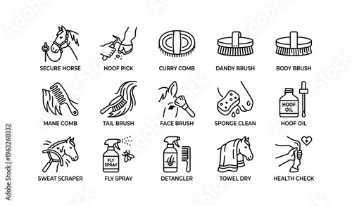 Horse grooming tools icons: brushes, combs, hoof care, and cleaning supplies