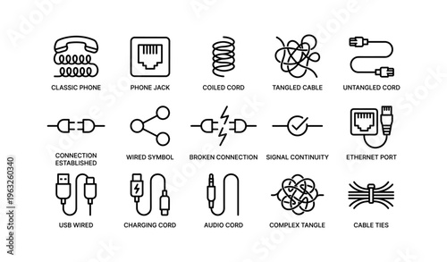 Icon set of phone, ethernet, and cable connections with tangled and untangled cords