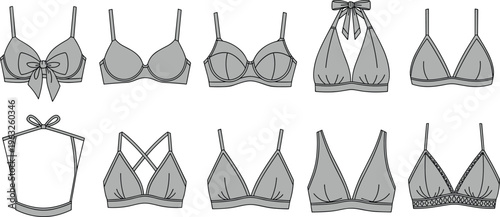 Black silhouette illustration of diverse bikini tops and bra designs, fashion lingerie collection showcasing straps, cups, decorative elements, and stylish variations