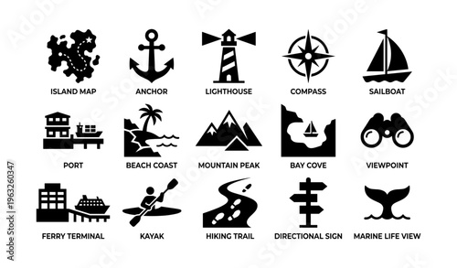 Nautical and outdoor icons: island, lighthouse, kayak, compass, mountain, whale tail
