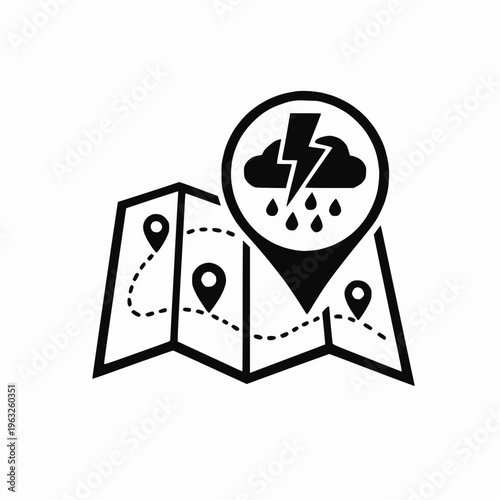 Storm map icon with weather alert marker and lightning forecast symbol