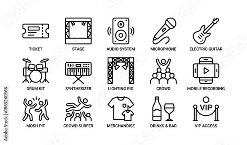 Concert essentials: instruments, stage, audio equipment, and crowd icons set