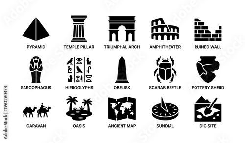 Ancient symbols collection: pyramids, obelisks, hieroglyphs, and more icons