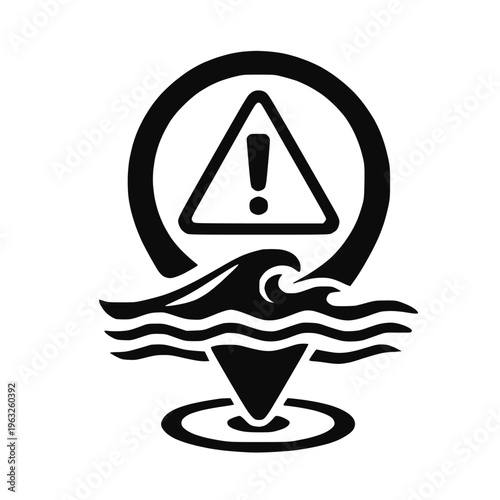 Flood warning marker icon with water wave alert location symbol