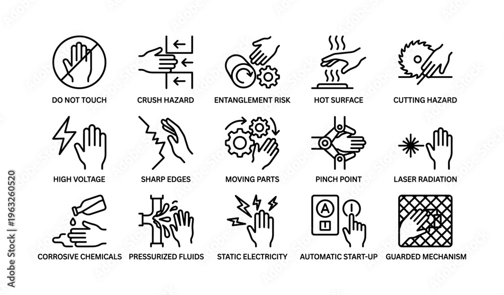 Fototapeta premium Industrial safety icons: warnings for hazards and precautions in the workplace