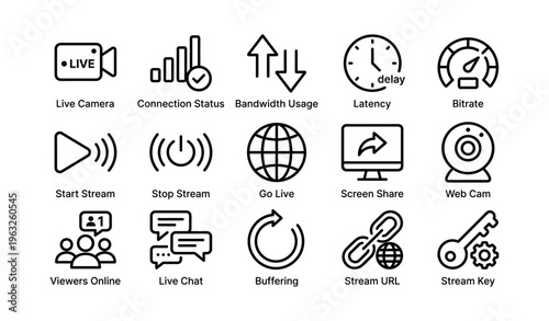 Streaming icons set featuring live camera and web cam symbols