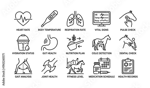 Medical icons set depicting health monitoring and wellness indicators in line art