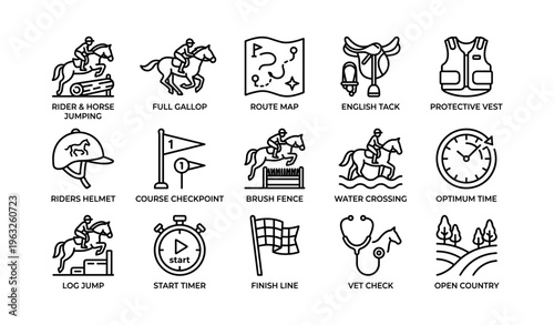 Equestrian eventing icons set: jumping, tack, map, safety gear, timers