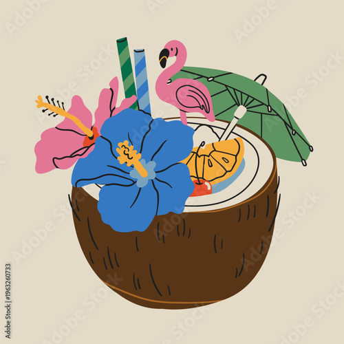 Tiki bar. Summer Cocktail. Refreshing drink with fruit, flowers, straw, umbrella. Coconut shell glass. Hand drawn Vector illustration. Isolated design element. Logo, sticker, print template