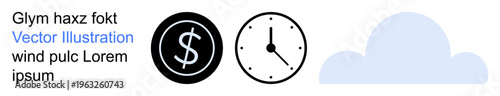 Finance management, time tracking, productivity, online banking, cloud computing, workflow planning. Symbols of a dollar sign, a clock and a cloud. Finance management and time tracking concept