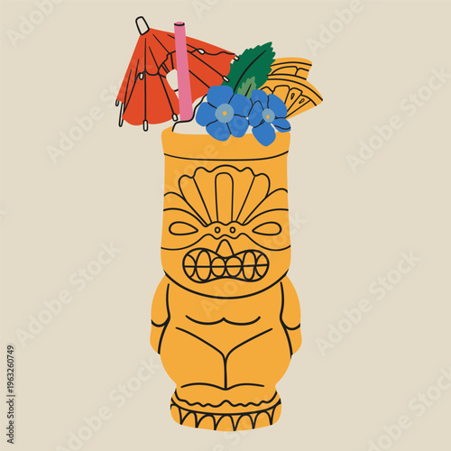 Tiki bar. Summer Cocktail. Fresh drink with fruit, flowers, straw, umbrella. Tribal face, statue shape glass. Hand drawn Vector illustration. Isolated design element. Logo, sticker, print template