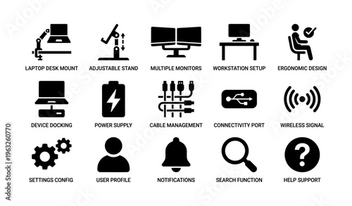 Office setup icons featuring multiple monitors, ergonomic design, and connectivity options