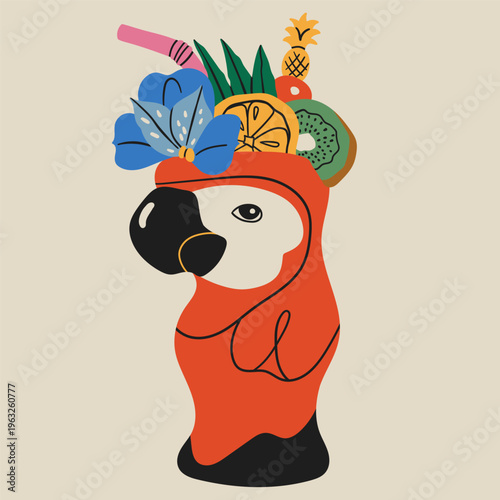 Tiki bar. Summer Cocktail. Refreshing drink with fruit, flowers, straw, leaves. Red parrot shape glass. Hand drawn trendy Vector illustration. Isolated design element. Logo, sticker, print template