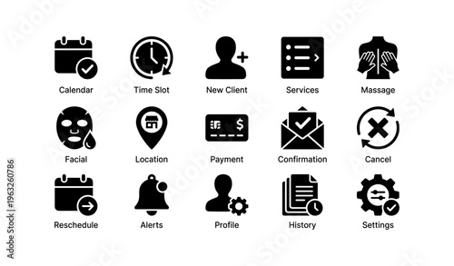 Business service icons: calendar, massage, payment, settings, profile