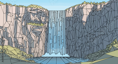 Low-poly illustration of a waterfall cascading between rocky cliffs