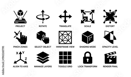 Collection of user interface icons for 3d design and editing tools