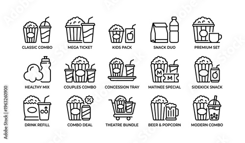 Cinema snack combos: popcorn, drinks, and treats icons collection