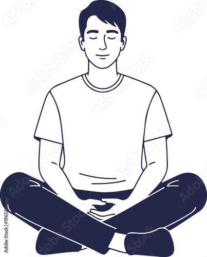 Meditating man, yoga pose, relaxation, mindfulness, vector illustration