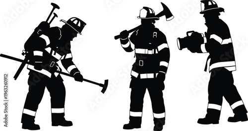 Black silhouette illustration of firefighters in protective gear holding hose, axe, tools, teamwork artwork representing emergency response, safety, rescue, and bravery