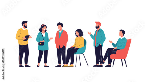 Diverse group of men and women standing and sitting while engaged in casual conversation and social interaction in a flat design style.