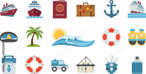Cruise Travel and Vacation Icon Set with Ship, Passport, Suitcase, Anchor, Beach, Lifebuoy, and Ocean Tourism Vector Illustration Collection
