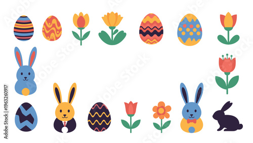Festive Easter themed border featuring colorful decorated eggs, cute rabbits, and spring flowers arranged around a central white copy space.