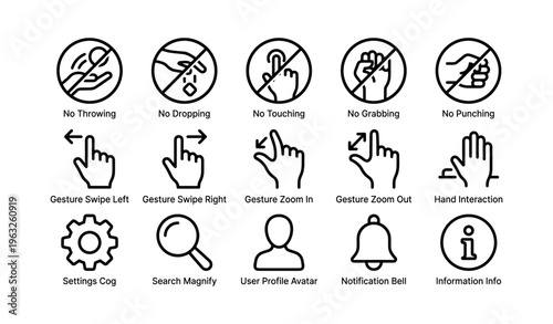 Hand gesture icons: no touching, interactions, notifications, settings