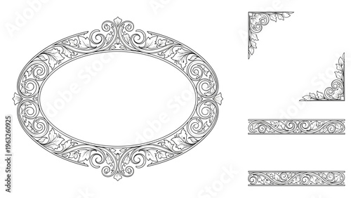 Collection of ornate vintage frames and border dividers featuring detailed leaf patterns in a classic black and white style.