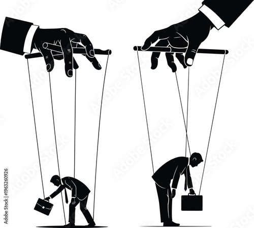 Black silhouette illustration of large hands controlling people like puppets, corporate manipulation artwork symbolizing authority, power, control, and lack of freedom