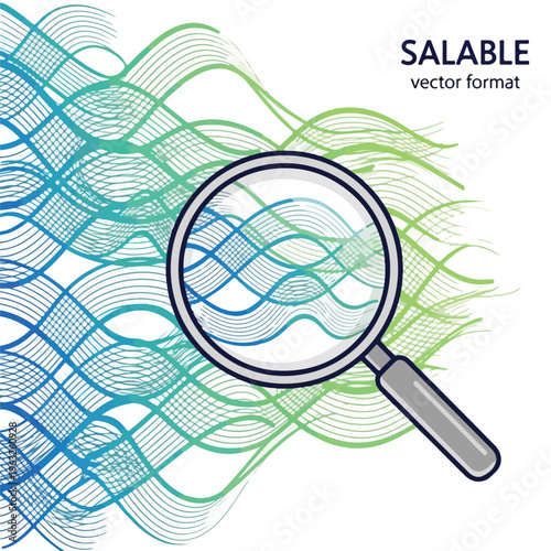 Magnifying glass on abstract lines in blue and green with a white background