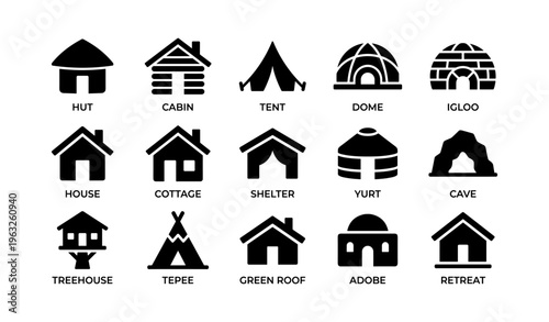 Types of shelters: icons of hut, cabin, tent, dome, igloo, yurt, and more