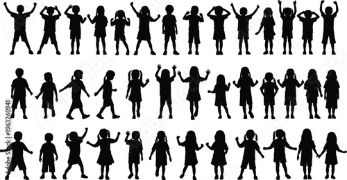 Large collection of happy children silhouettes playing and dancing in rows isolated on white background for school education projects and minimalist vector design.