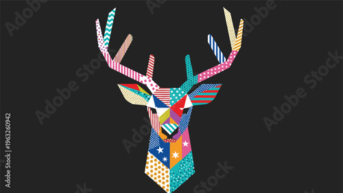 Artistic deer head silhouette filled with various colorful patterns like stripes, stars, and dots on a minimalist solid black background.