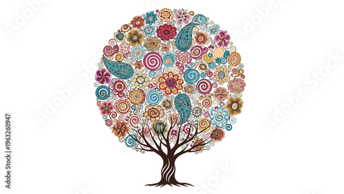 Beautiful ornamental tree featuring a perfectly round canopy made of intricate colorful paisley and floral patterns on a white background.